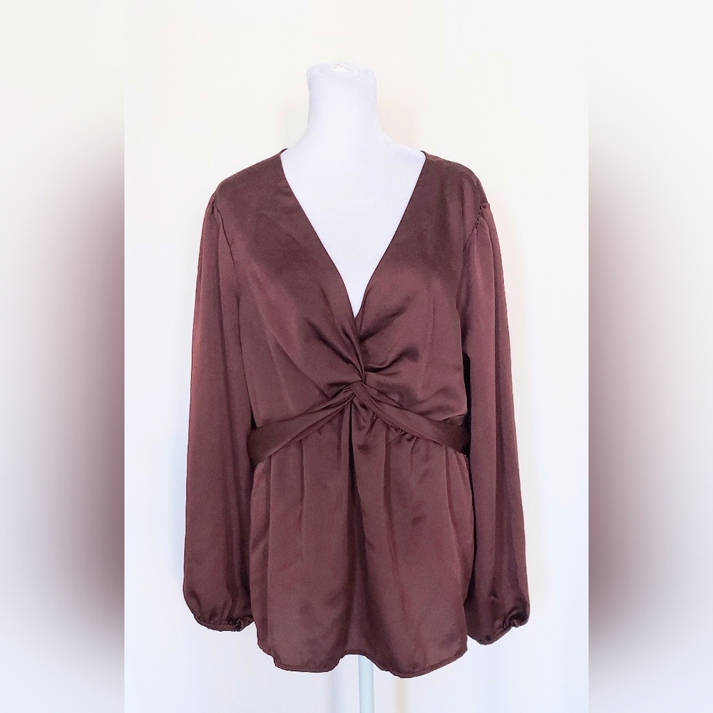Pleione Long Sleeve Satin V Neck Top Blouse Shirt Brown Size XL